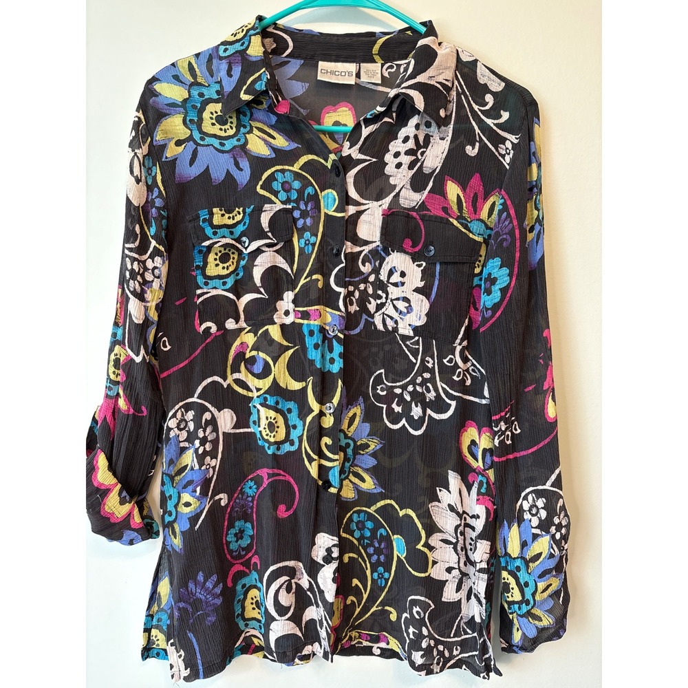 Chicos Black Floral 100% Silk Button Up Shirt Size 0 Roll Tab Sleeve Sheer Small